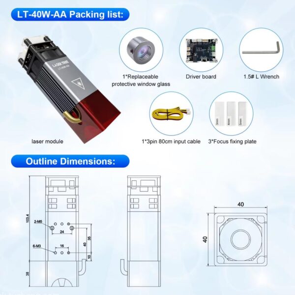 LT-40W-AA 5W 12V kék lézer modul gravírozáshoz, vágáshoz