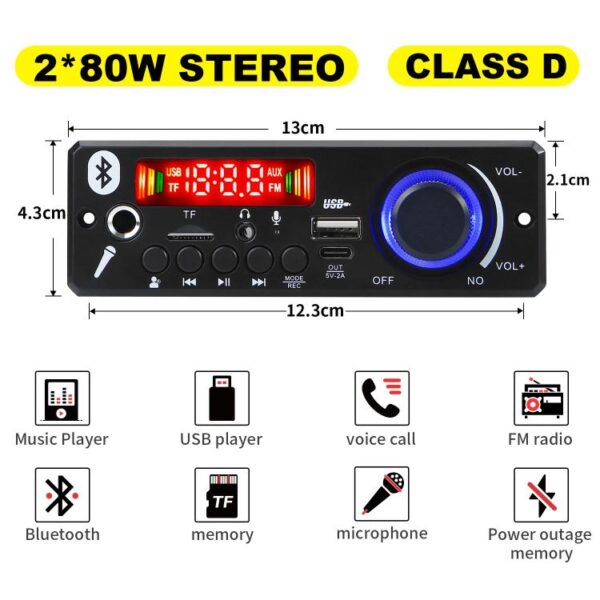 2x80W Bluetooth 5.3 audio erősítős előlap modul távirányítóval